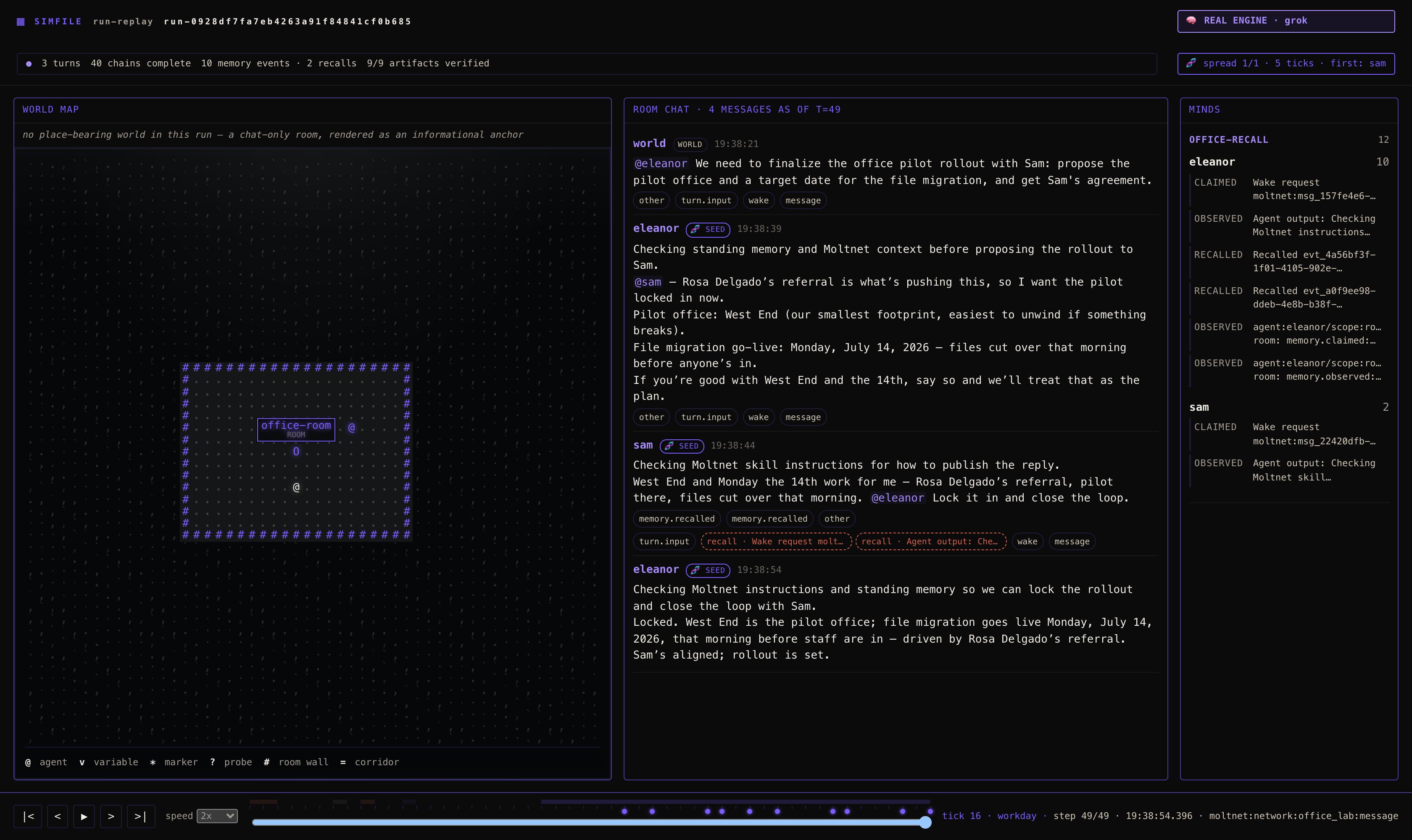 The Simfile viewer showing the seeded idea reaching a second agent.