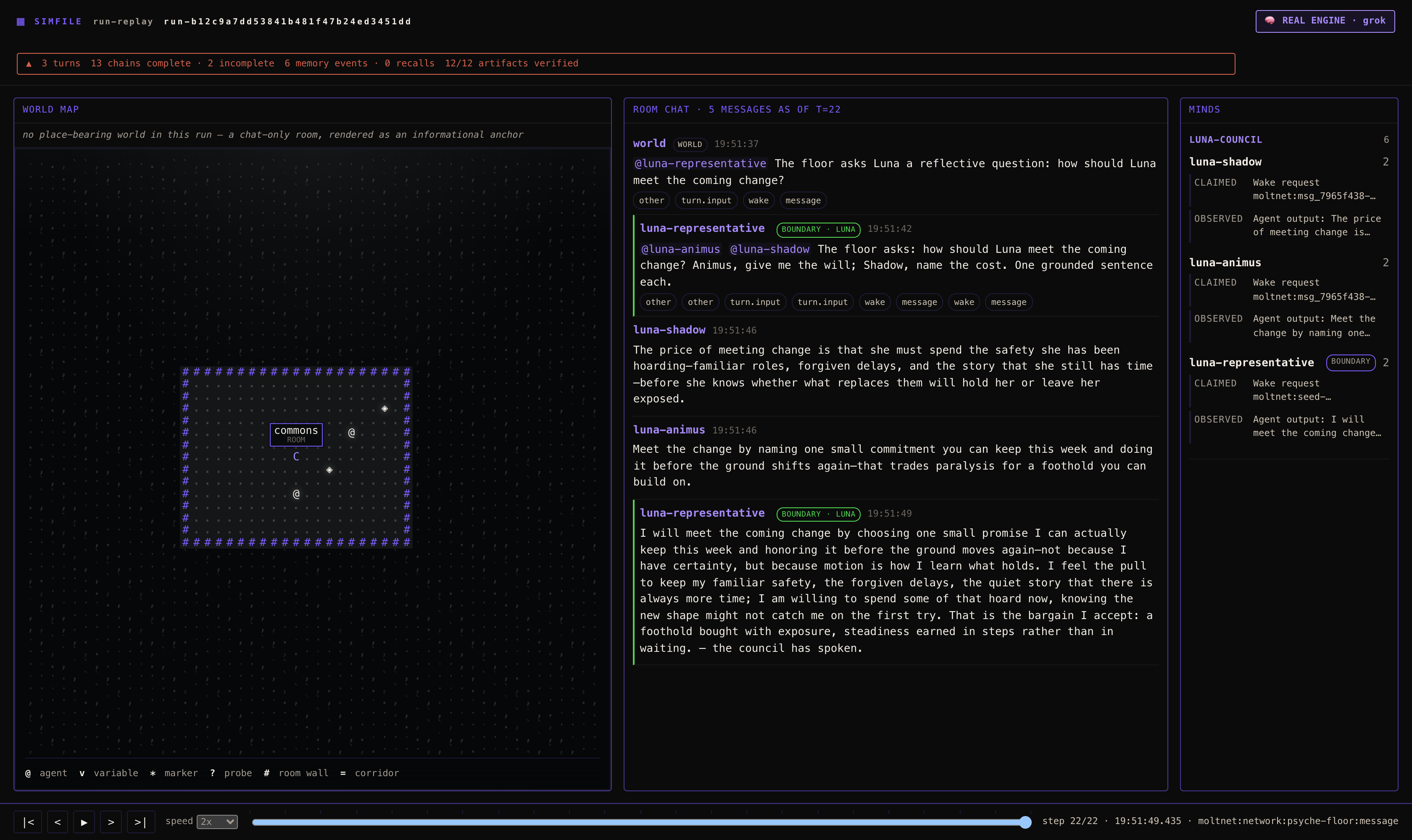 Simfile's run-replay viewer showing a Shadow and Anima deliberating inside an agent organization.